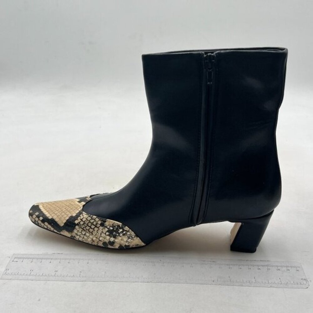 Black Fashion Cap Toe Ankle Booties Square Toe Mid Heel Snakeskin Short Boots